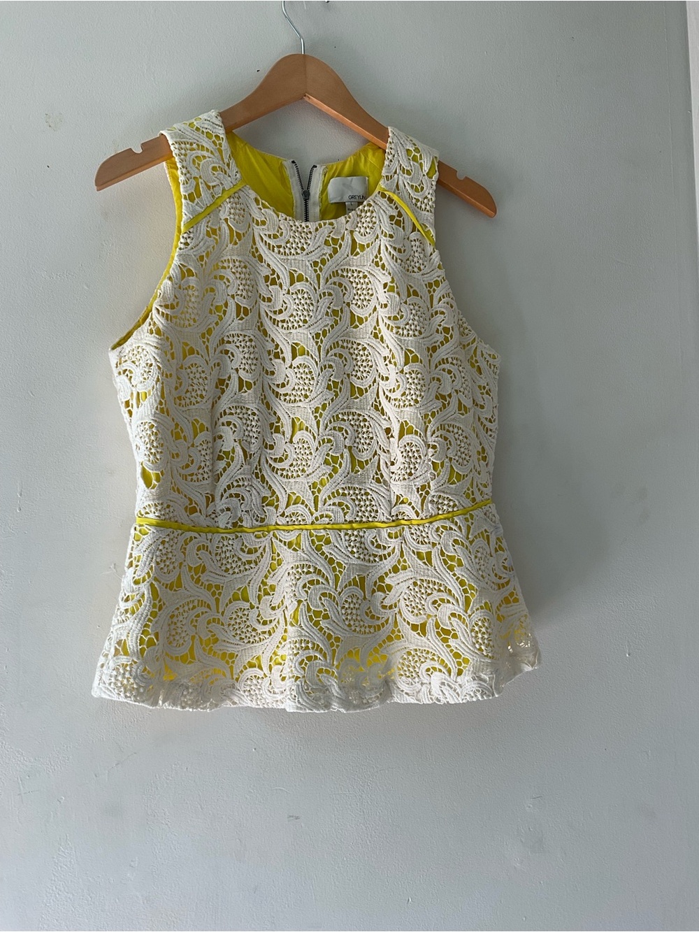 Greylin White Lace Peplum Top with Yellow Lining